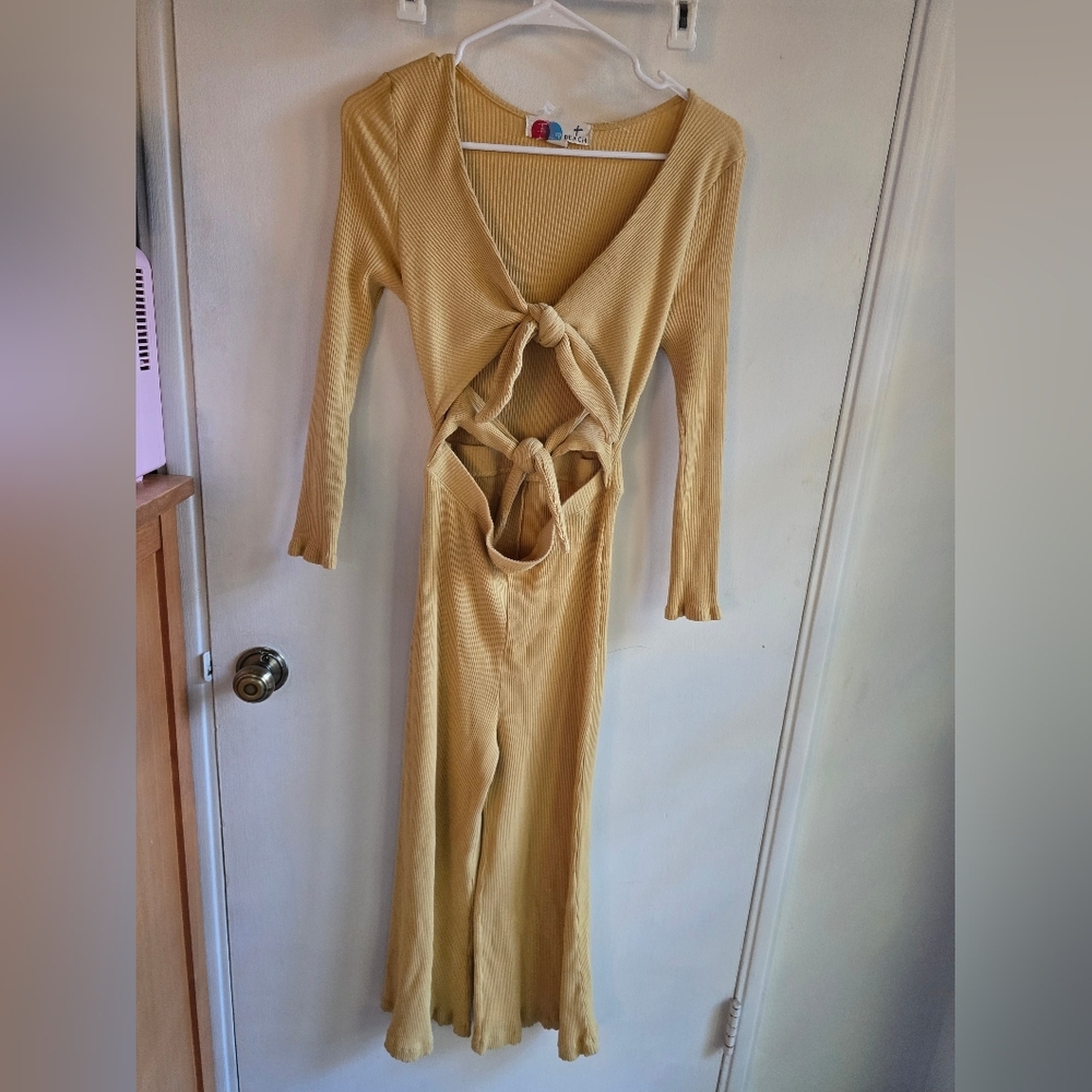 Free People Beach Look At Me Double Tie Front Mustard Yellow Jumpsuit